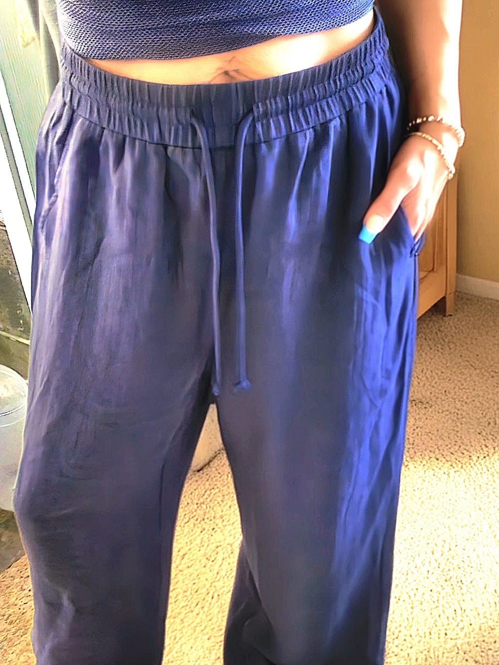 Women's HALARA Medium Regular Light Denim Fabric Navy Drawstring Lounge Pants